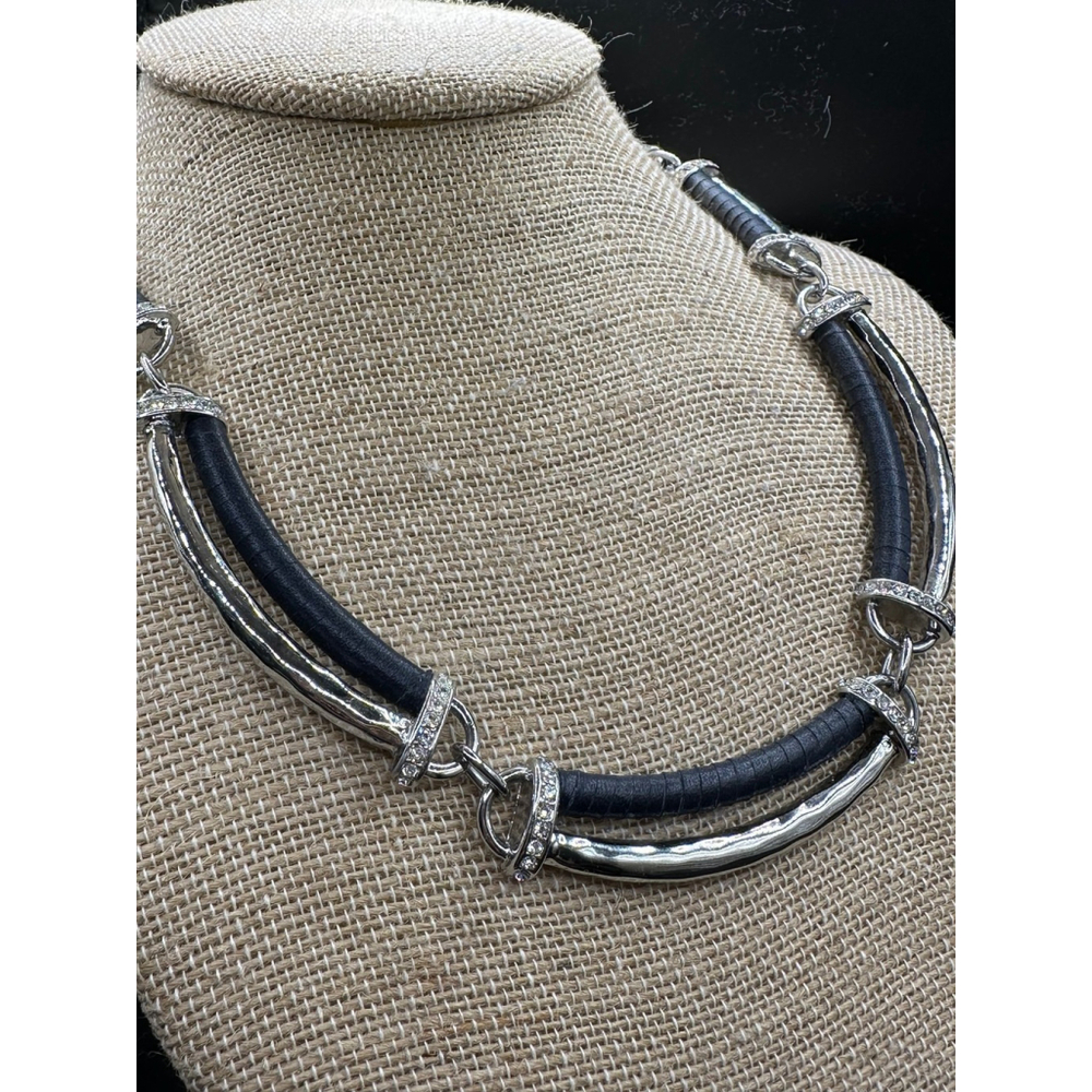 “Hero” Navy Leather / Textured Silver Necklace
